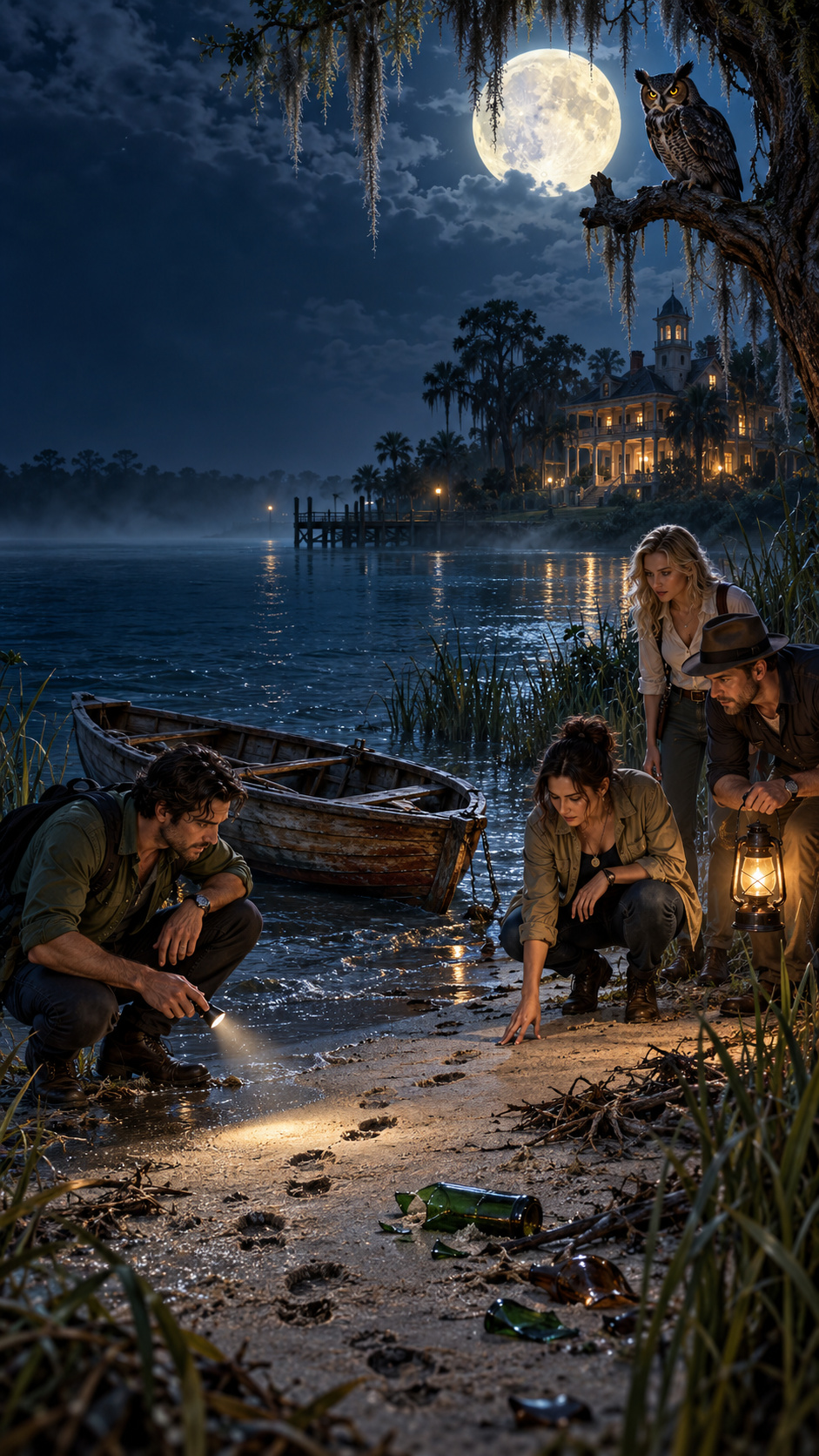 Friends investigating a moonlit shoreline beside a rowboat while an owl watches from above